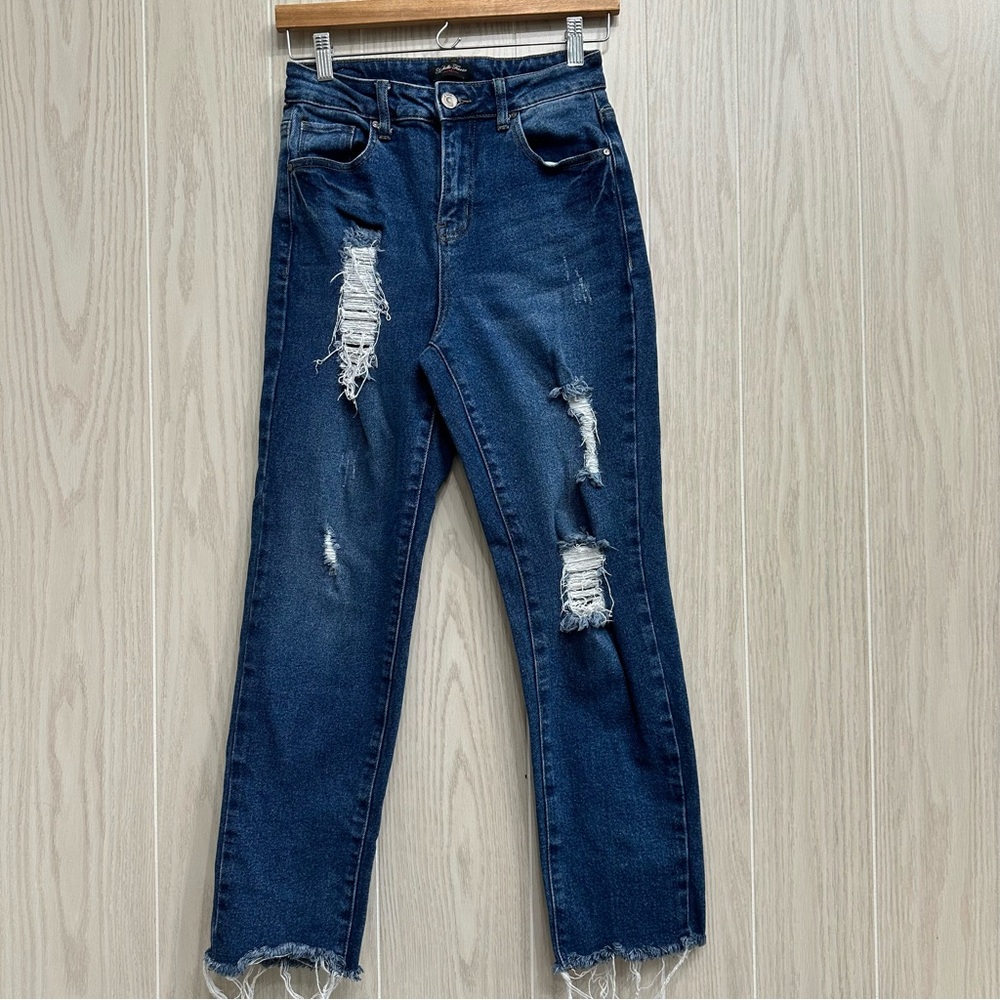 Michelle Ferrar High Rise Ripped Straight Leg Mom Jeans Ankle Length Stretch